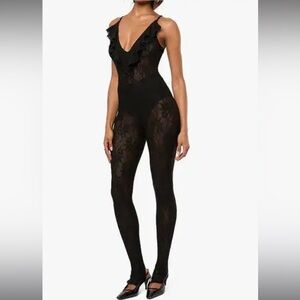 WhoWhatWear Black Lace Ruffled V-Neck Bodysuit Jumpsuit NWT